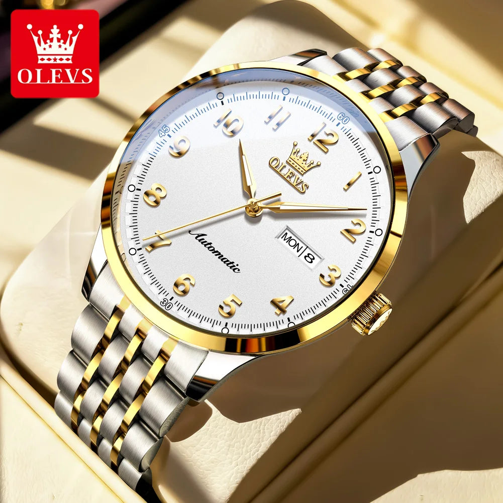 OLEVS Herren Luxus Mechanische Armbanduhren für Herren Wasserdichte Leuchtende Dual-Kalender Uhren Edelstahl-Uhr 7100