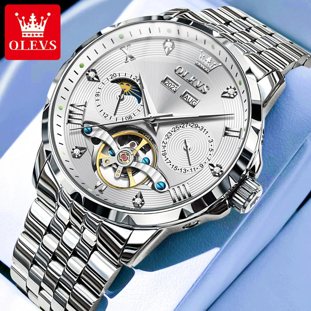 OLEVS 6691 Herrenuhren Luxus Römische Skala Mechanische Uhr für Herren Moonswatch Hohl Schwungrad Kalender Wasserdichte Armbanduhr