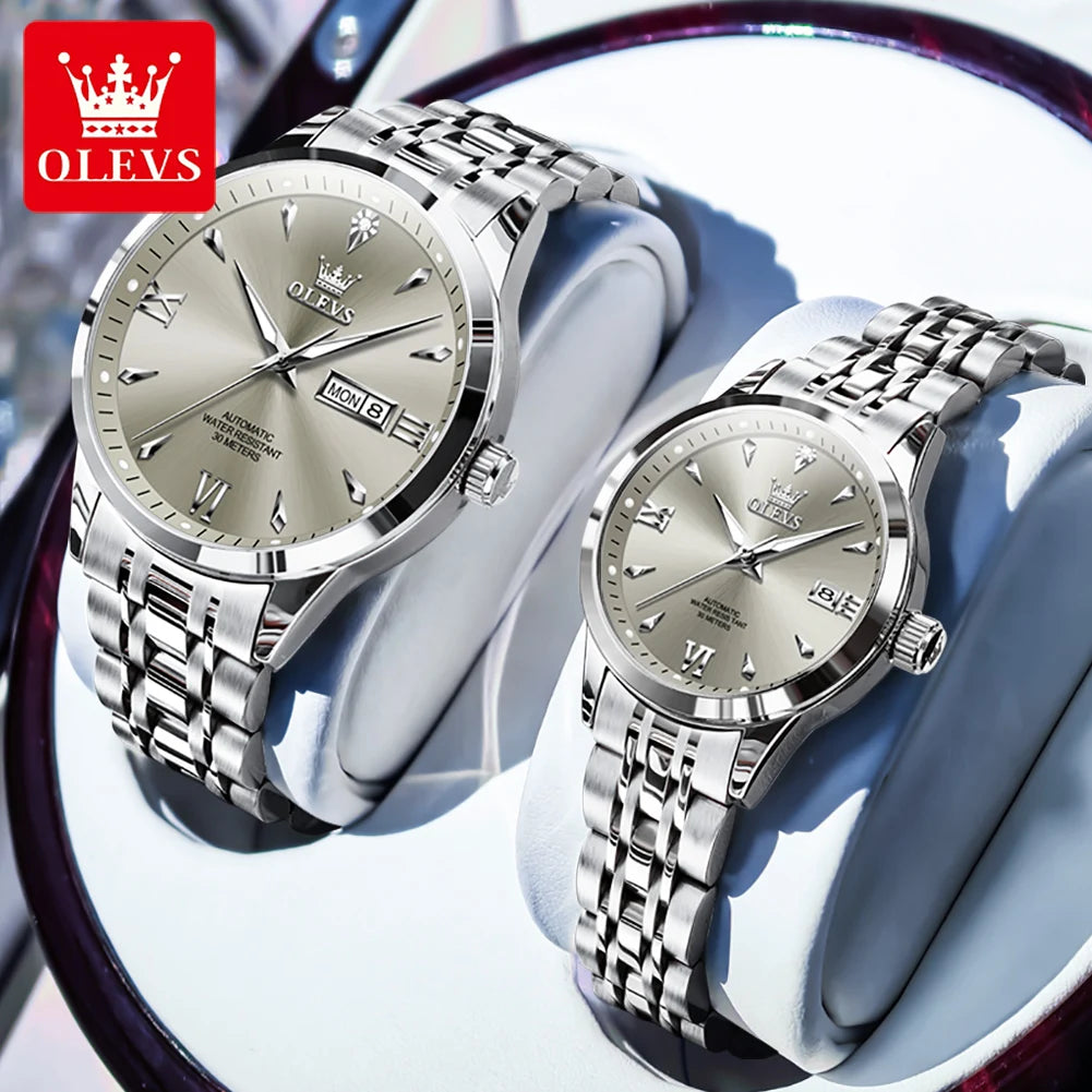 OLEVS 9956 Uhren für Paare Automatische Mechanische Uhren Dual-Kalender Original Edelstahl Zeigeruhr Wasserdicht 9956