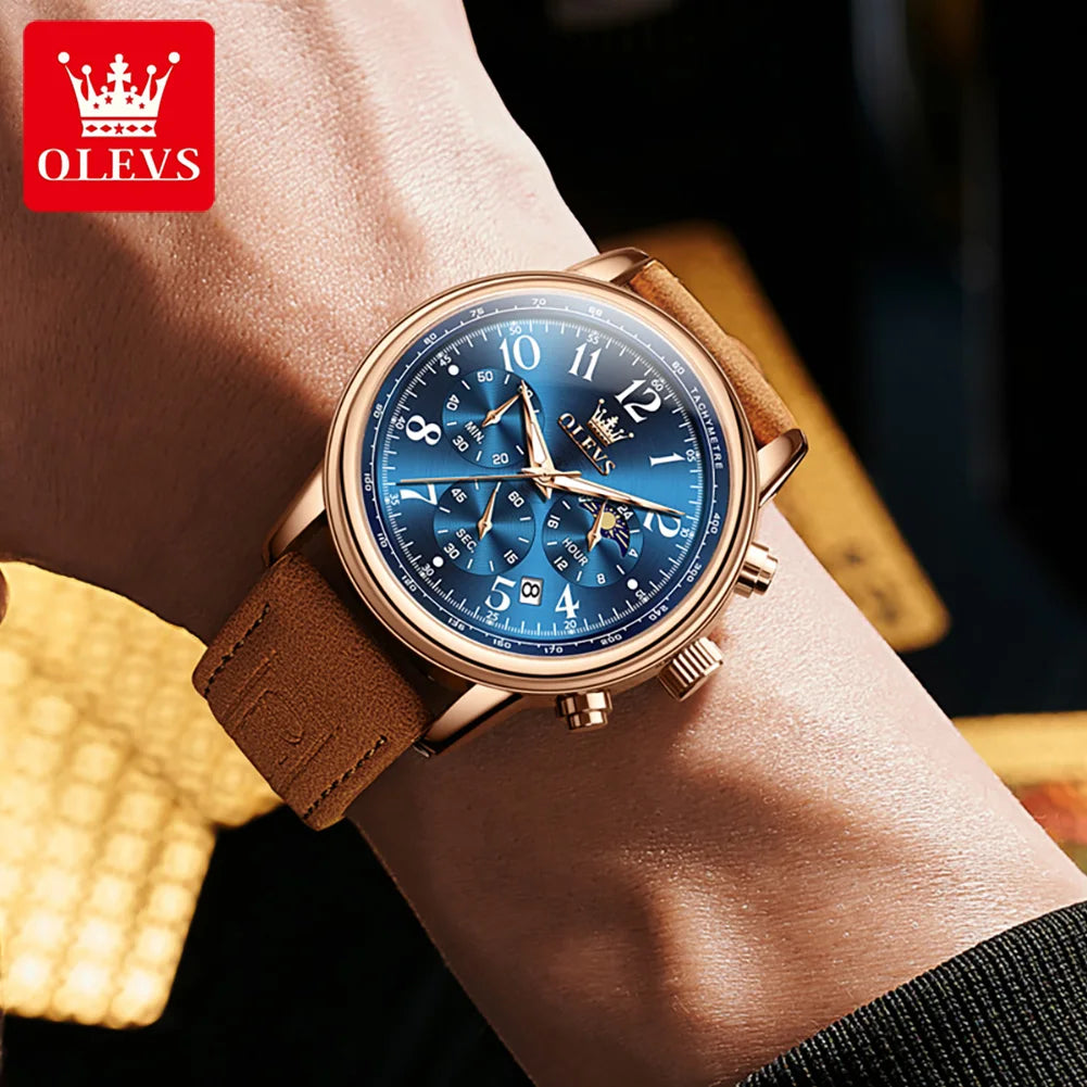 OLEVS 2912 Sport Chronograph Quartz Watch For Men Moon Phase Number 43mm Big Dial Man Watches Waterproof Original Hand Clock