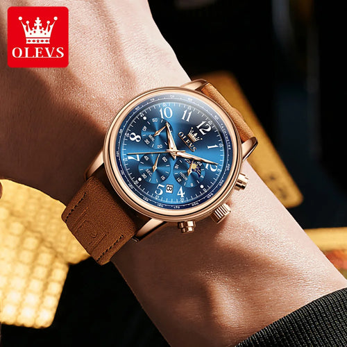 OLEVS 2912 Sport Chronograph Quarz-Uhr für Herren Mondphase Ziffer 43mm Großes Zifferblatt Herrenuhren Wasserdicht Original Armbanduhr