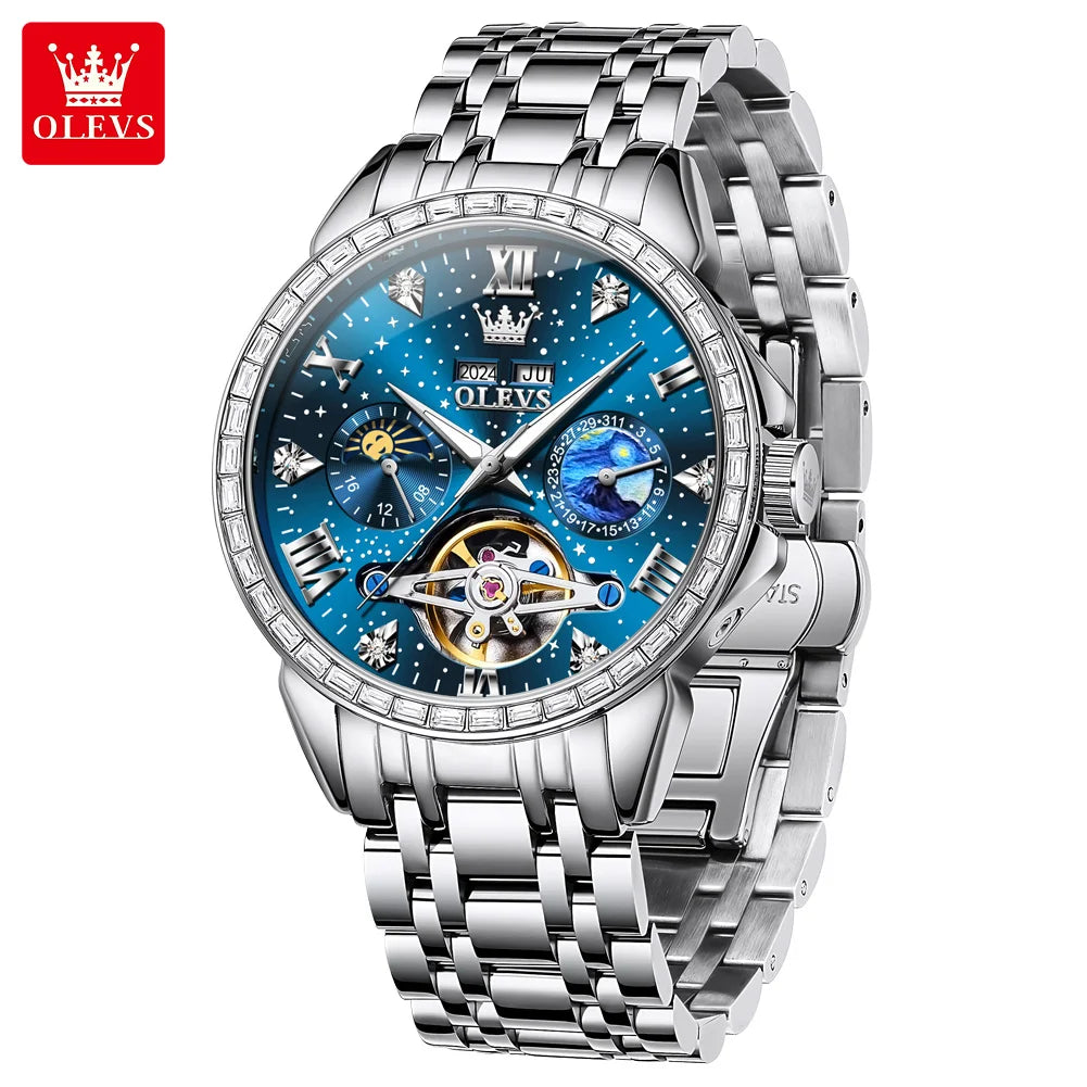 OLEVS Luxus Diamant Skelett Tourbillon Automatik Mechanische Uhr Herren Sternenhimmel Zifferblatt Mondphase Edelstahl Herrenuhr