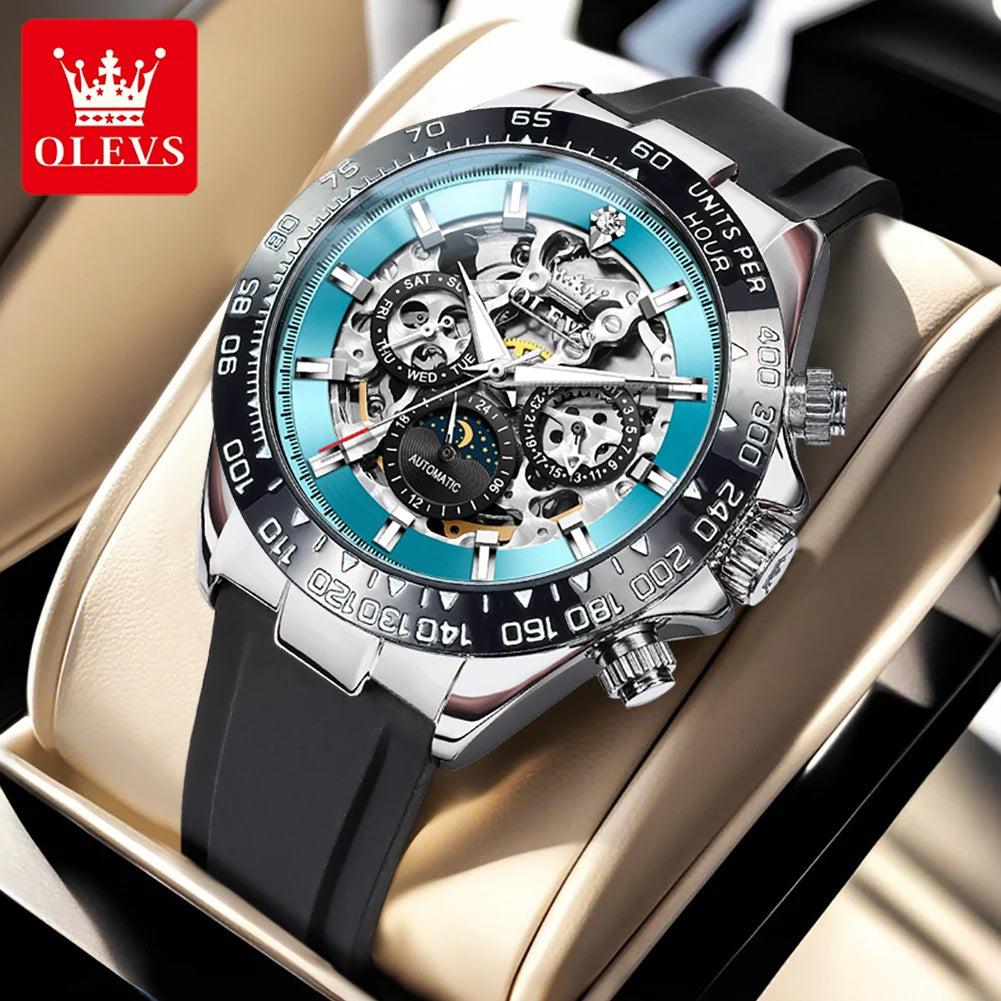 OLEVS 6713 Herrenuhr Hohlmondphase Mechanische Uhr für Herren Wochenkalender Silikonarmband Automatische Handuhr Wasserdicht