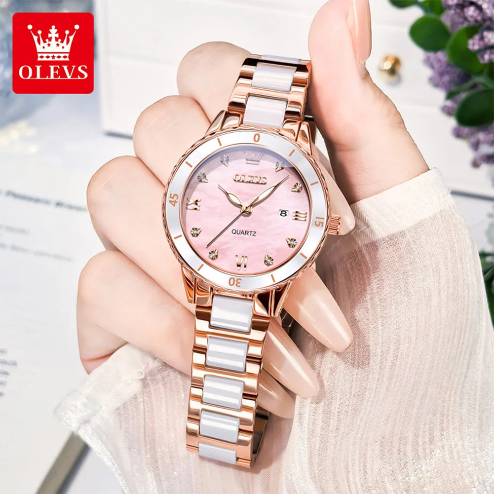 OLEVS 9985 Damenuhr Keramik Armband Mode Datum Quarzuhr für Damen Top Marke Wasserdicht Elegante Damenuhr