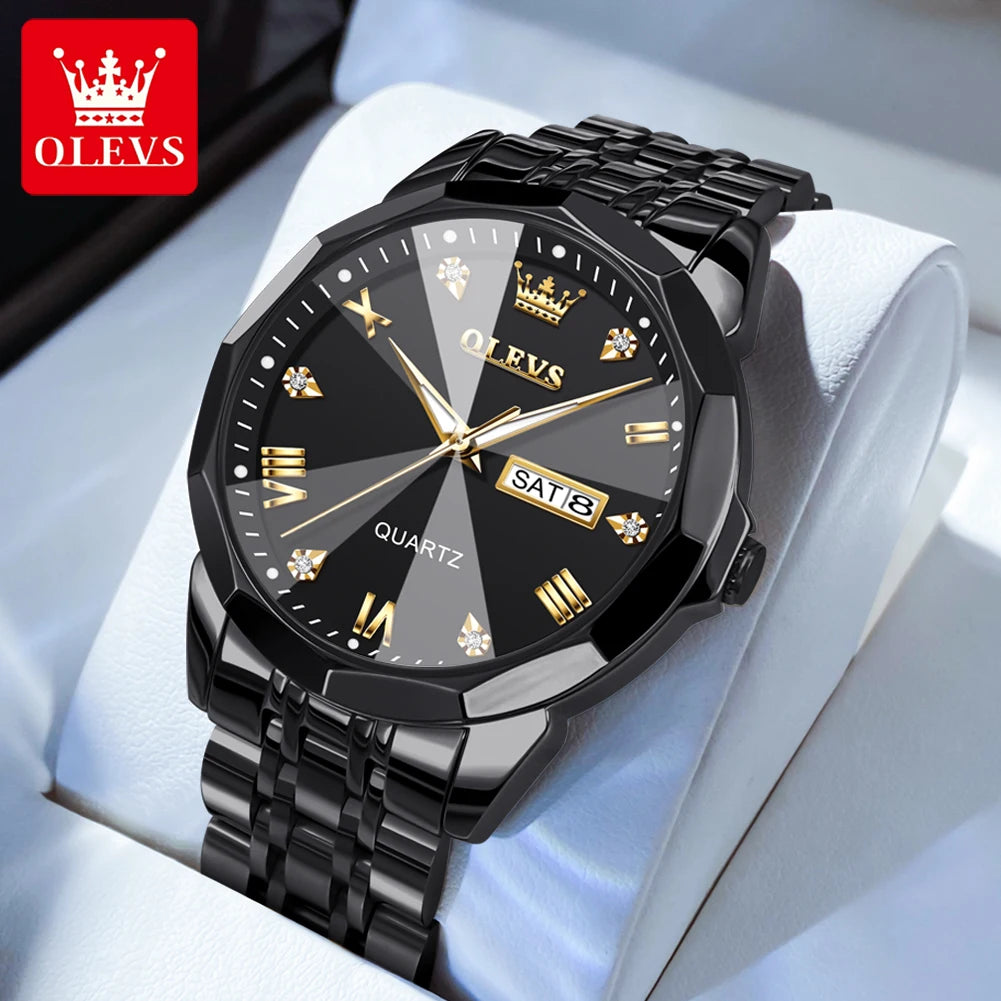 OLEVS 9931 Quarzuhr für Herren, Rauten-Spiegel, wasserdicht, leuchtend, Edelstahl-Armbanduhren, Doppelkalender, Herren-Armbanduhr