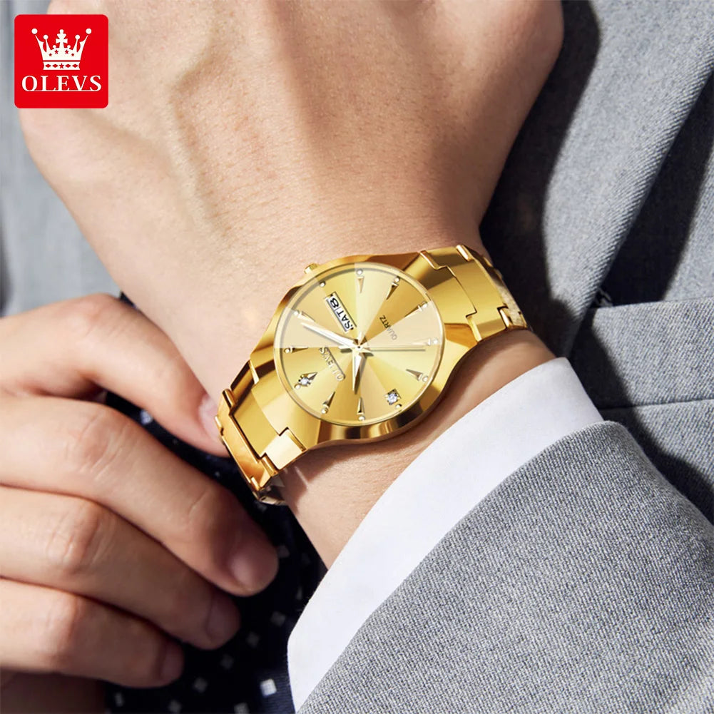 OLEVS 8697 Herrenuhr Top Marke Luxus Dual-Kalender Quarzuhr für Herren Rhombus-Spiegel Wolframstahlarmband Herren-Armbanduhr