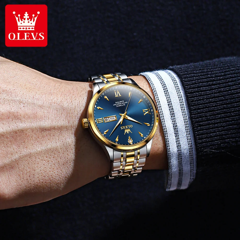 OLEVS Uhr für Herren Mechanische Uhr Großes Zifferblatt Wasserdichte Herren Luxus Original Wochenkalender Geschäftsmann Handuhr 9956 Reloj