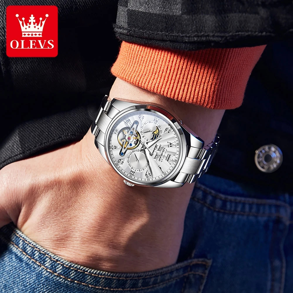 OLEVS 7028 Herren Automatikuhr Hohl Skelett Mechanische Uhr für Herren Wasserdicht Moonswatch Automatisches Datum Römische Skala Handuhr