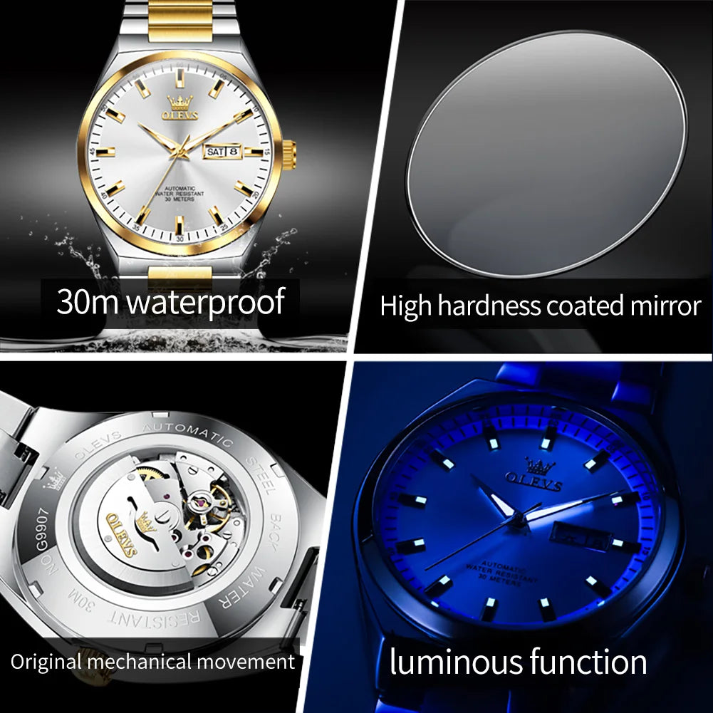 OLEVS 9907 Armbanduhren für Herren Luxus Business Automatische Mechanische Armbanduhr Wasserdicht Leuchtend Original Sport Wochen-/Datumsuhren