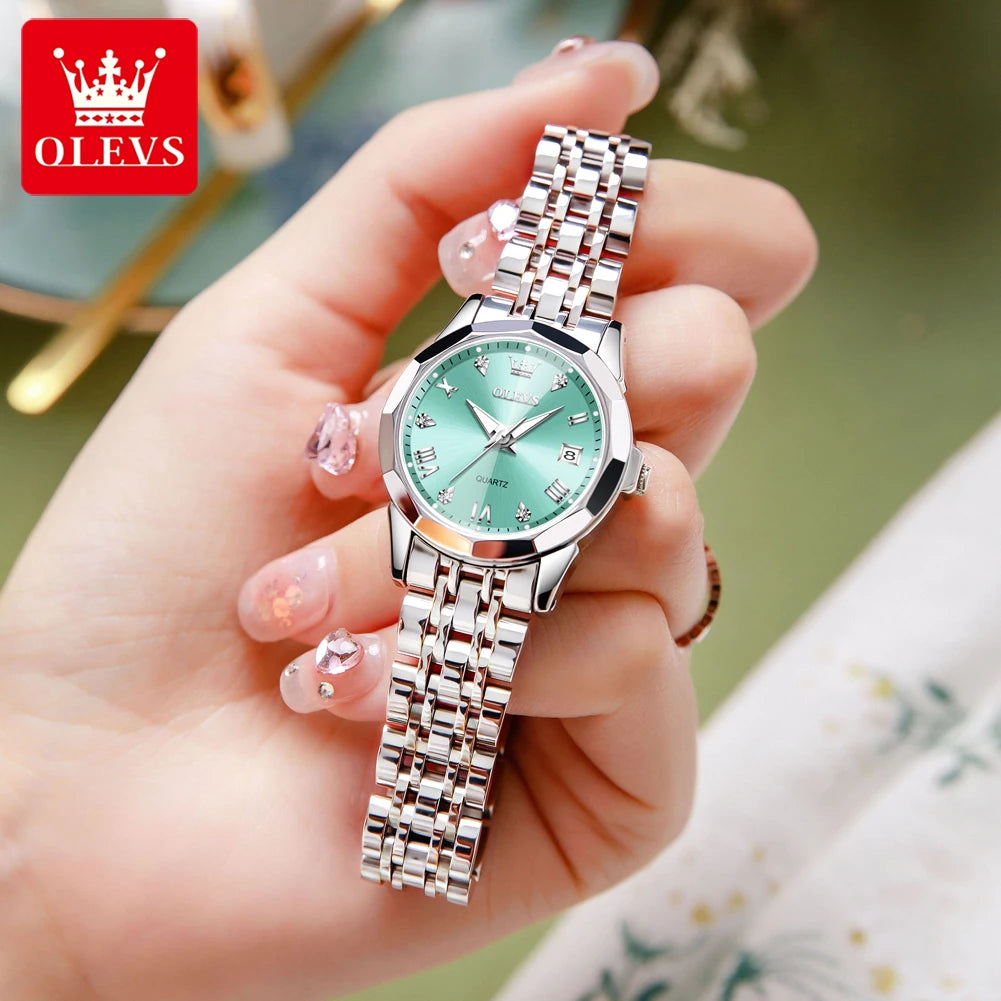 OLEVS 9931 Original Quarzuhren für Damen, Rauten-Spiegel, wasserdicht, leuchtend, Edelstahl-Armbanduhren, Kalender, Neu