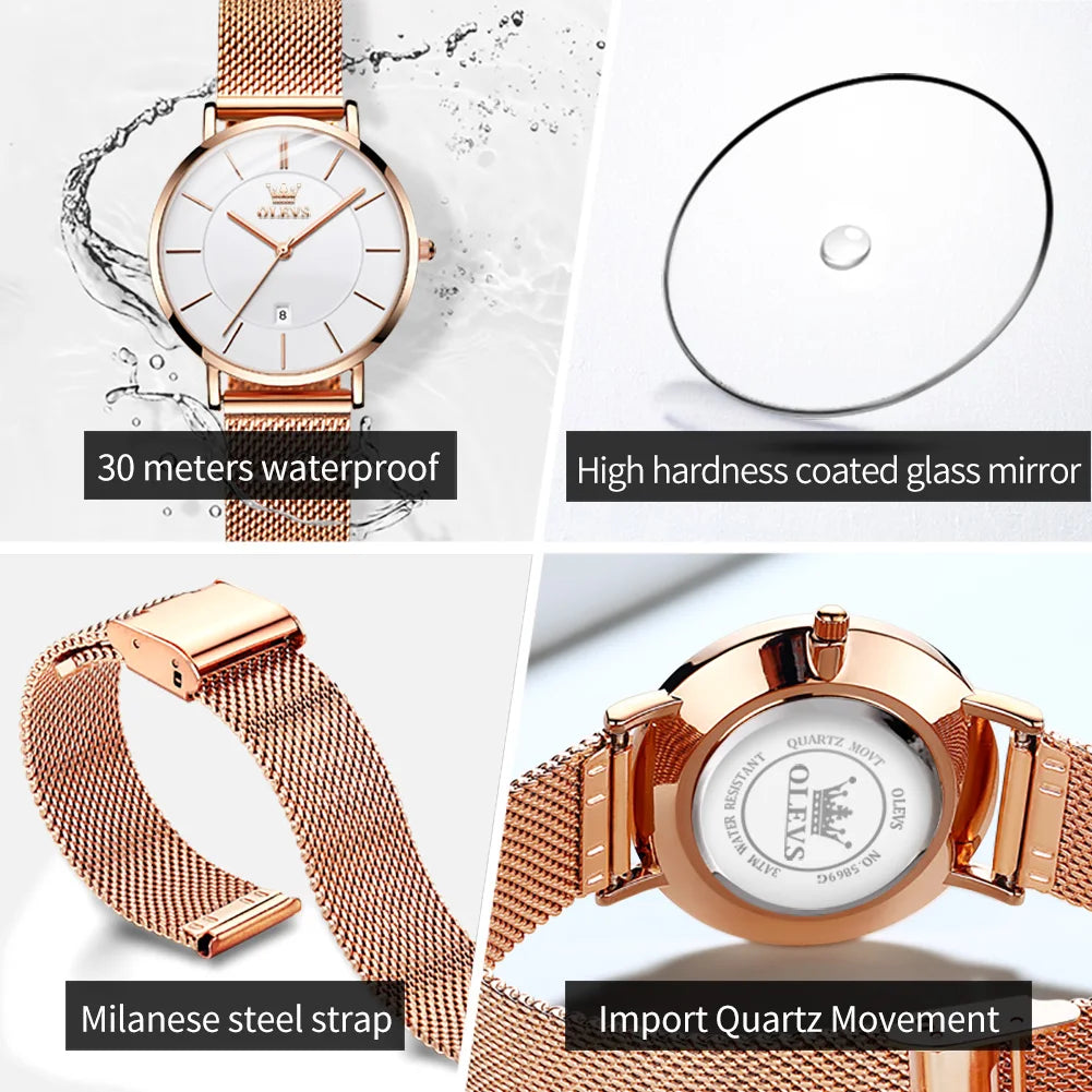 OLEVS Uhr für Damen Japanisches Quarzwerk 6,5 mm Gehäusedicke Wasserdicht Damen Handuhr Kalender Mode-Kleid-Armbanduhr