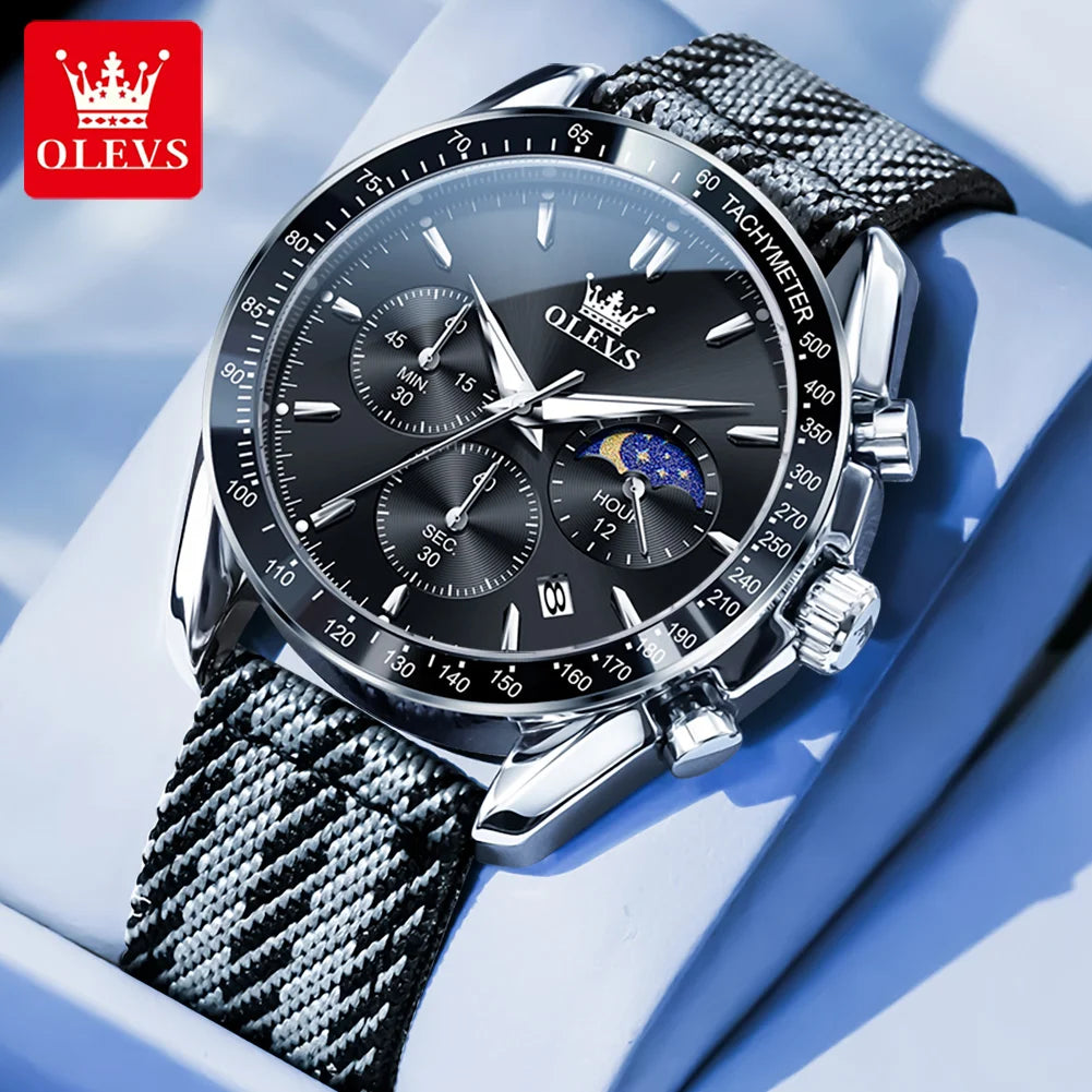OLEVS 3630 Quartz Man Watch Date Chronograph 24 Hour Moon Phase Waterproof Watch For Men Fashion Nylon Strap Original Hand Clock