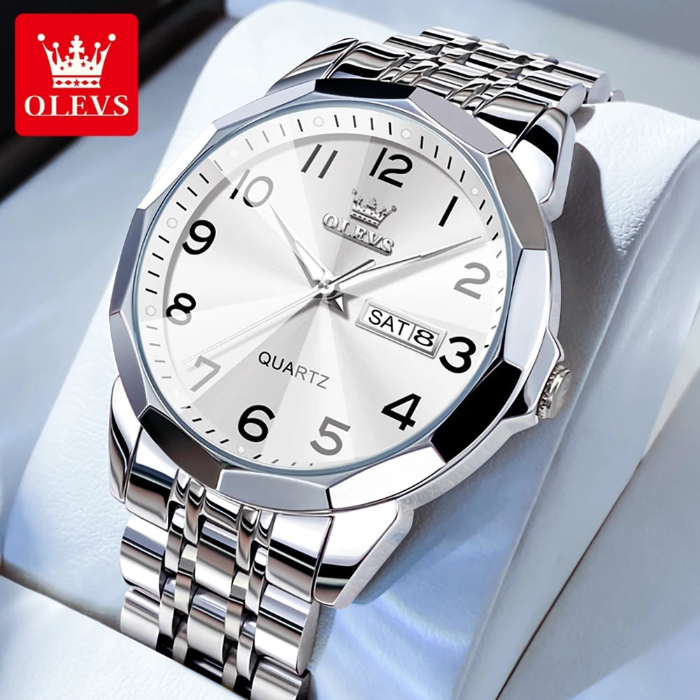 OLEVS 9970 Paar-Armbanduhr für Herren und Damen, luxuriöses Zifferblatt, Rhombus-Spiegel, Quarz-Handuhr, Edelstahl, originale Kleideruhren