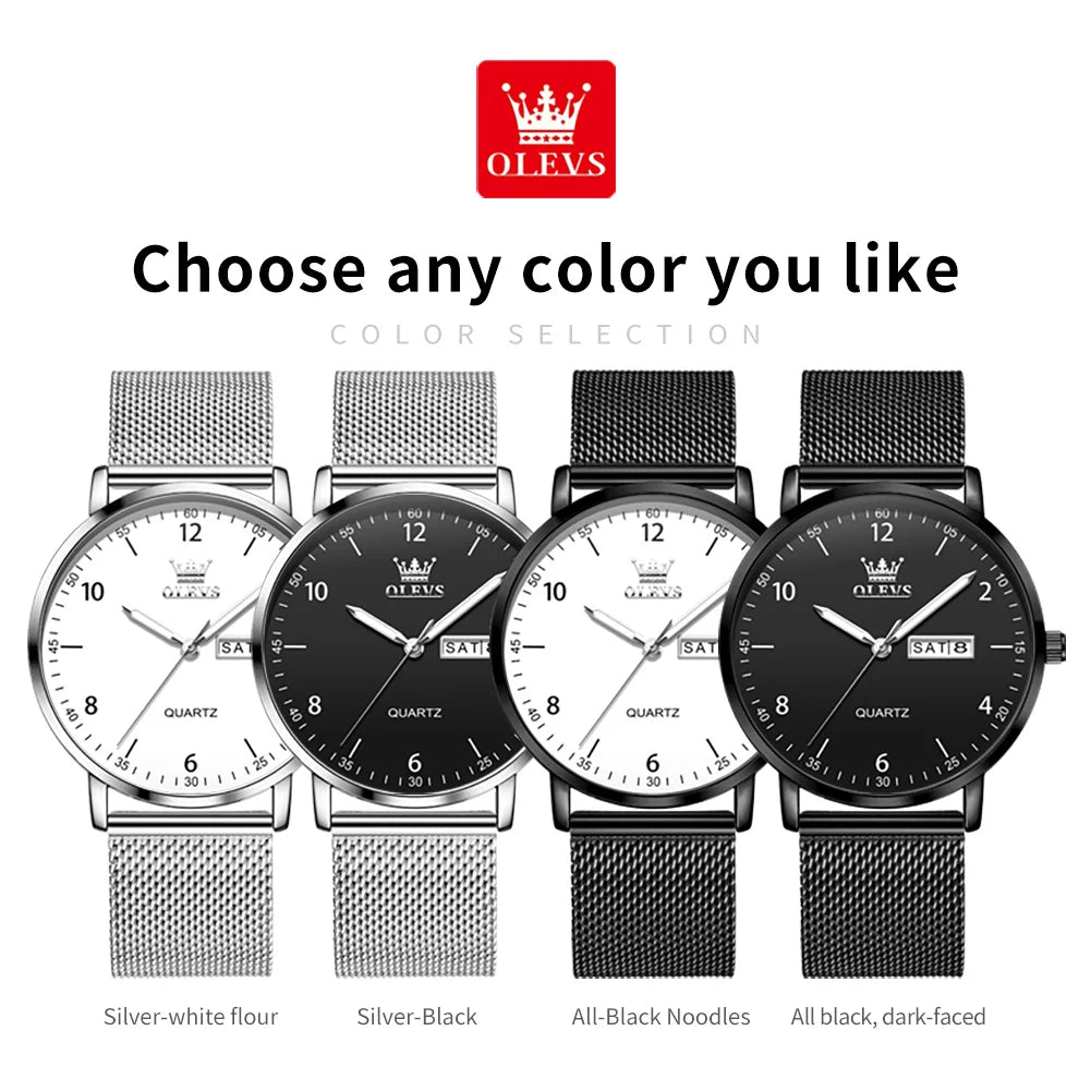 OLEVS 2996 Neue Uhren Herren Original Wochentag Quarzarmbanduhren Wasserdichte Leuchtuhren für Herren Geschenkbox Slim Reloj