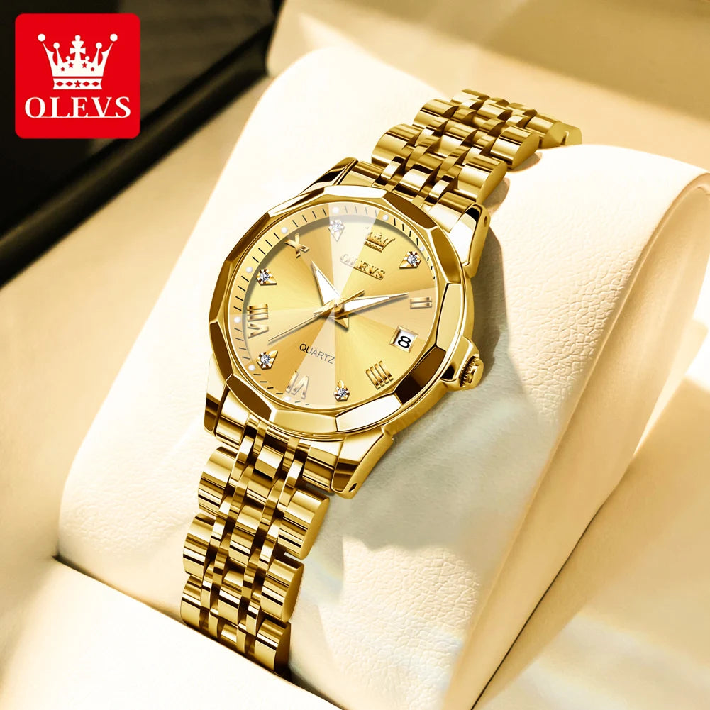 OLEVS 9931 Original Quarzuhren für Damen, Rauten-Spiegel, wasserdicht, leuchtend, Edelstahl-Armbanduhren, Kalender, Neu