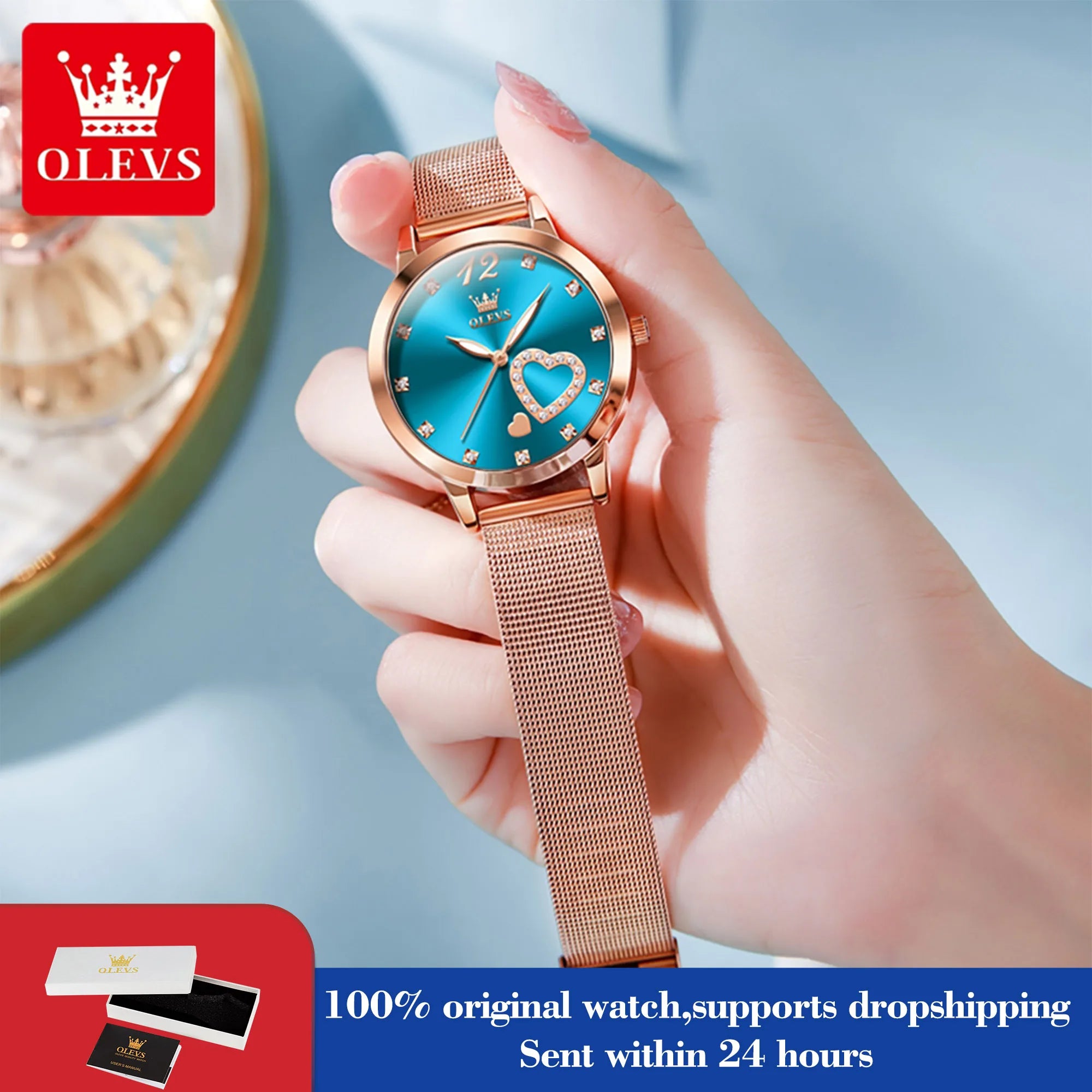 OLEVS 5189 Damenuhr Luxus Ultr dünne Quarzuhr Damen Mesh-Stahlarmband Herzförmiges Zifferblatt Wasserdichte Damenuhr
