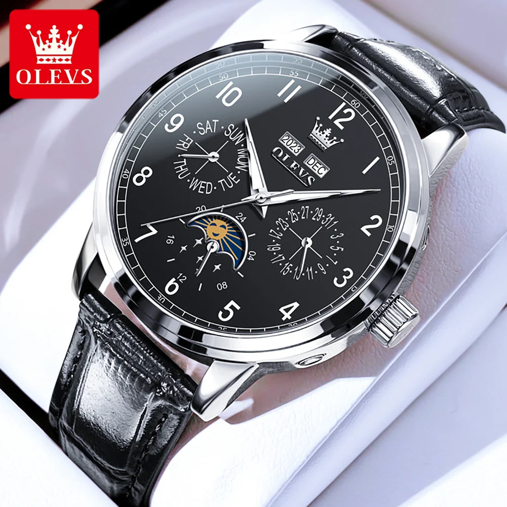 OLEVS 6698 Herren Automatikuhr mit Zifferblatt, Mondphase, mechanisch, für Herren, 42 mm großes Zifferblatt, wasserdicht, Leder, Herrenuhr
