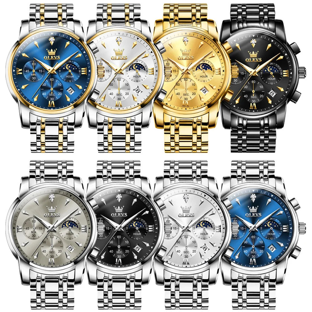 OLEVS 3639 Luxus Herrenuhr Top Marke Mondphase Chronograph Quarzuhr für Herren Automatisches Datum Mode Wasserdicht Herrenuhr