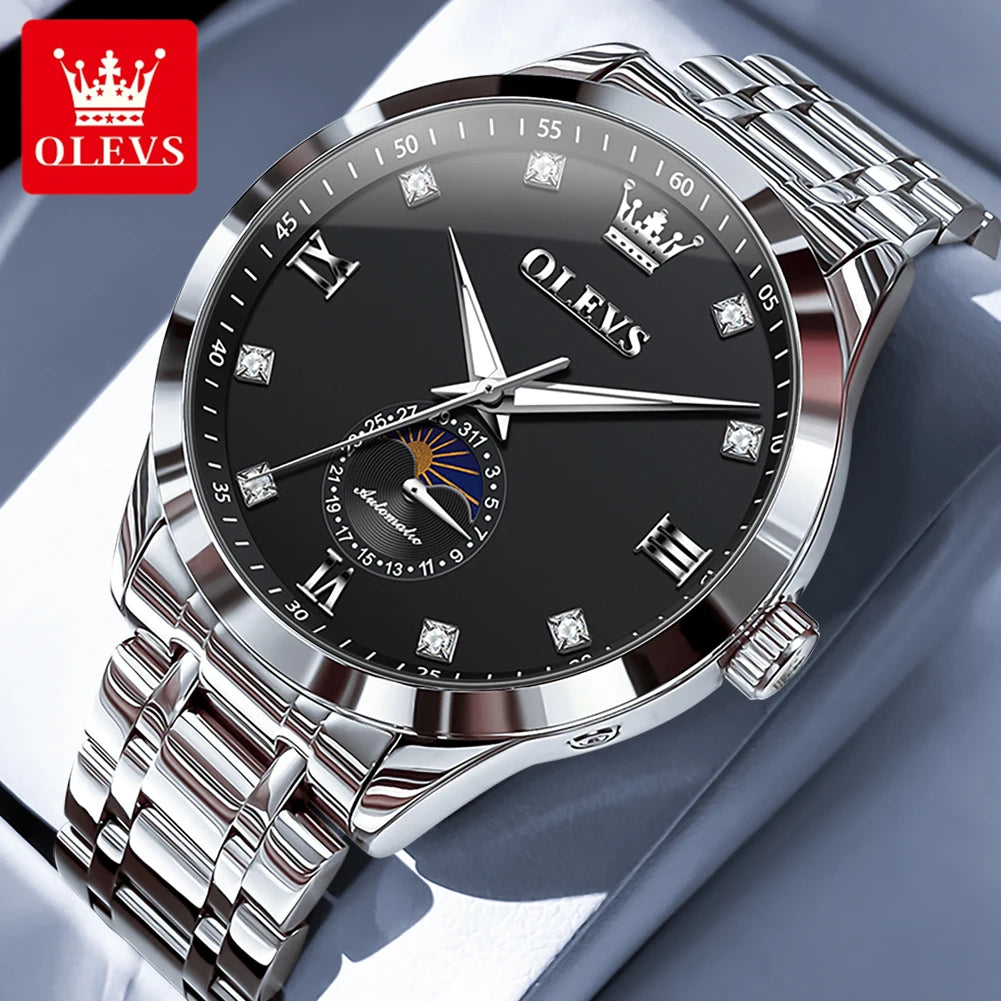 OLEVS 7041 Automatikuhr Herren Mondphase Mechanische Uhr für Herren Luxus Datum Wasserdicht Business Herrenuhr Diamantskala