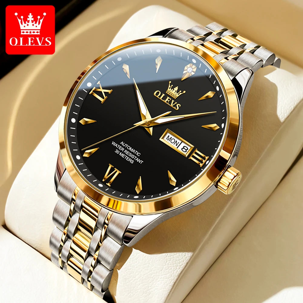 OLEVS Uhr für Herren Mechanische Uhr Großes Zifferblatt Wasserdichte Herren Luxus Original Wochenkalender Geschäftsmann Handuhr 9956 Reloj