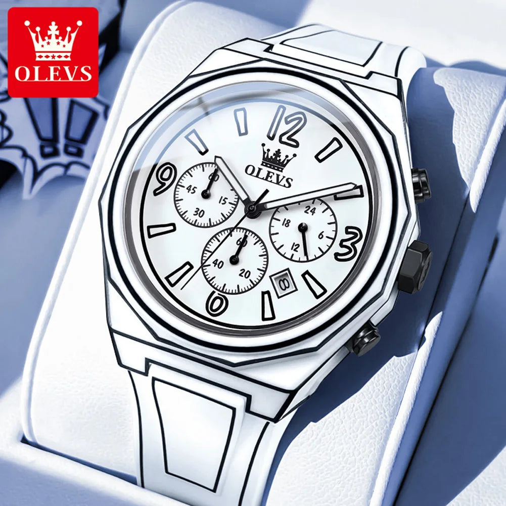 OLEVS 5622 Comic Style Quarzuhr für Herren Chronograph Wasserdicht Leuchtzeiger Ziffernblatt Datum Silikon-Herrenuhren