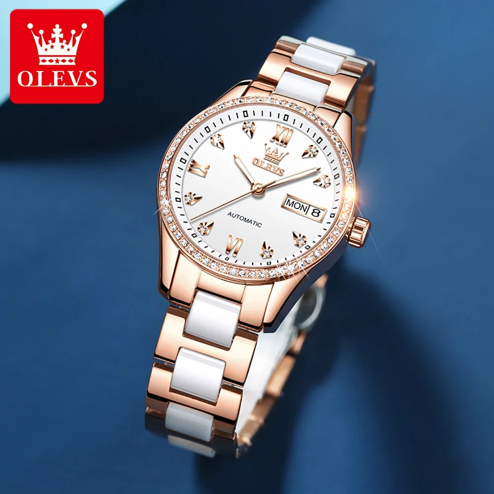 OLEVS 6637 Damenarmbanduhren Wasserdichte Dual-Kalender Mechanische Uhr für Frauen Original Diamant-Skala Leuchtende Luxus-Handuhr
